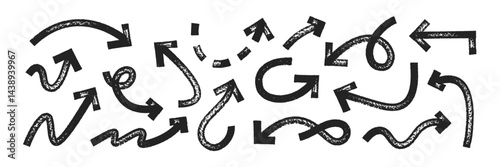 Set of hand drawn arrows and pointers with brush, crayon or marker texture. Elements of navigation or direction. Black vector illustration isolated on a white background.