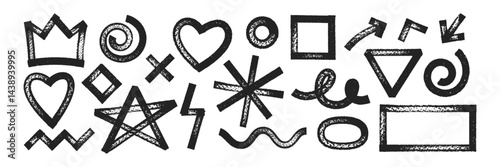 Set of geometric shapes with brush, crayon or marker texture. Crown, heart, star and rectangle with sketch lines. Black vector illustration isolated on a white background.