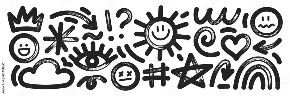 Set of hand drawn elements with brush, marker or crayon texture. Grunge cloud, sun, rainbow and eye for design. Black vector illustration isolated on a white background.