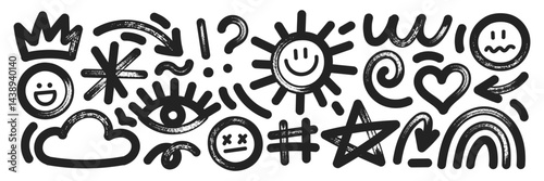 Set of hand drawn elements with brush, marker or crayon texture. Grunge cloud, sun, rainbow and eye for design. Black vector illustration isolated on a white background.