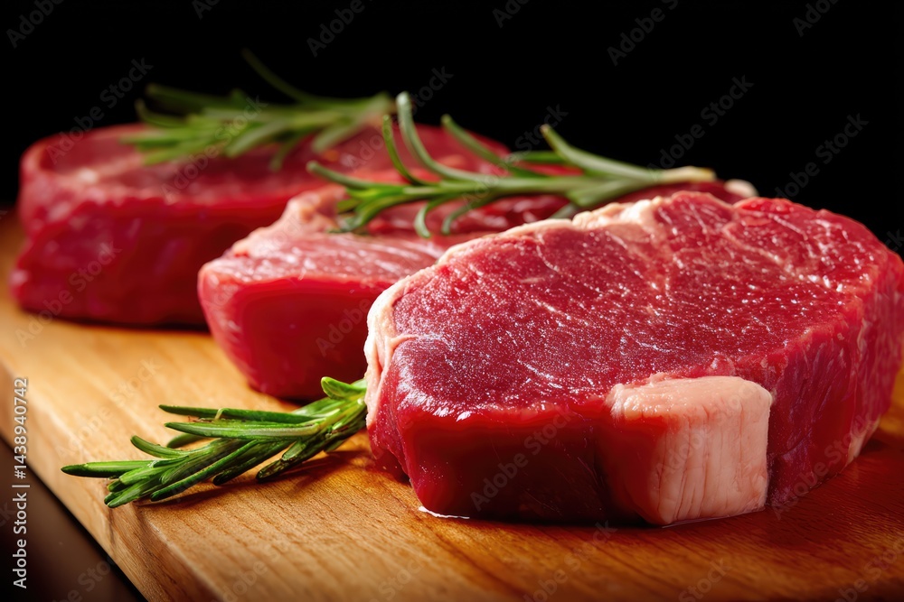 Delectable Steak: The close-up shot of three raw beef steaks with vibrant red hue, perfectly marbled, rests on a wooden cutting board, garnished with sprigs of rosemary, evoking culinary excellence. Delectable Steak: The close-up shot of three raw beef steaks with vibrant red hue, perfectly marbled, rests on a wooden cutting board, garnished with sprigs of rosemary, evoking culinary excellence.