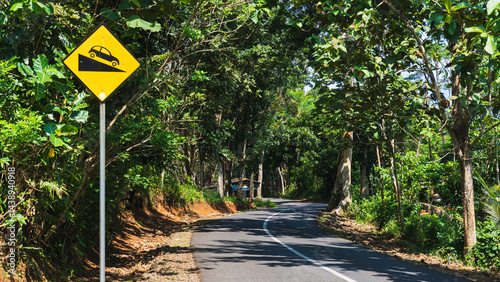 Fototapeta Naklejka Na Ścianę i Meble -  The winding country road is surrounded by lush tropical greenery, with yellow road signs warning of a steep descent ahead under bright, sunny skies.