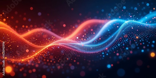 Abstract Futuristic Vibrant Red Orange and Blue Wavy Lines Background with Particles - Ideal for Dynamic Digital Designs