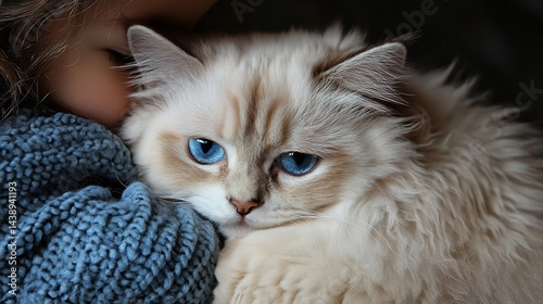 Ragdoll cat being cuddled by a child Bright