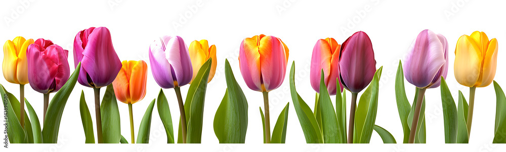 Fototapeta premium Colorful tulips border isolated on a white background.