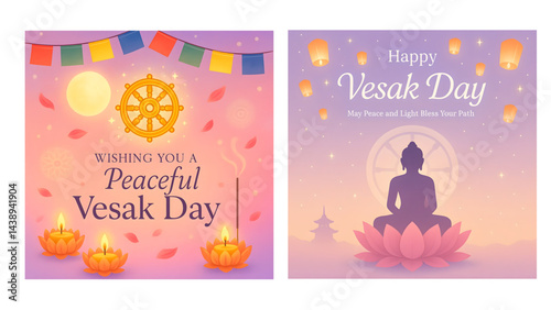 Vesak Day Card Set Buddha Meditation with Lanterns and Lotus Flowers