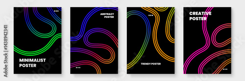 Four abstract posters featuring colorful lines and shapes on a black background. Ideal for modern art concepts and creative design projects.