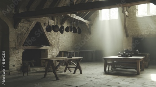 Medieval kitchen interior, beams and sunlight.