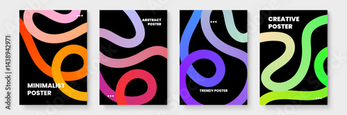 Four posters displaying vibrant abstract shapes. Ideal for modern home decor, graphic design projects, event promotions, or digital backgrounds.