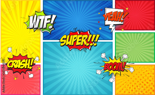 Comic book bubbles. Colorful comic book template featuring dynamic sound effects, speech bubbles, and bright pop art backgrounds. Perfect for retro designs, posters, and creative projects.
