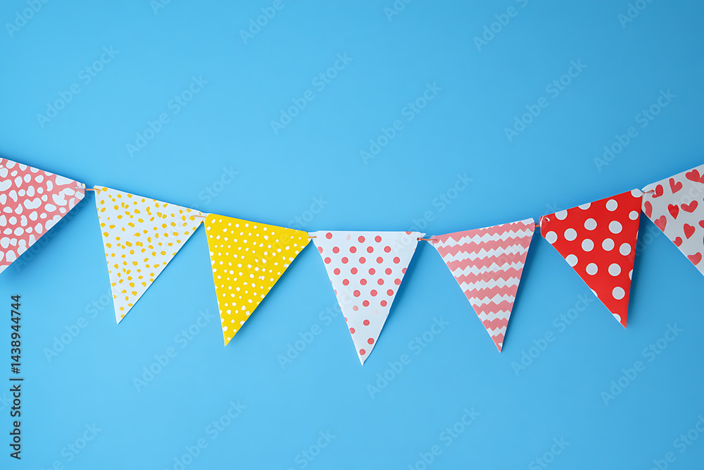 Fototapeta premium Colorful birthday party decorations on a light blue background with copy space, top view. Birthday banner border design template.