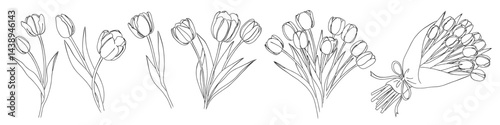 チューリップの花や花束の白黒の線画ベクターイラスト 一輪の花/シンプルでおしゃれな手書きのラインアート
