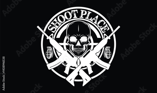 Shooting Range Logo with Skull, Guns, and Grenades Emblem