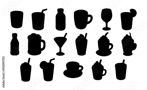 Black Silhouette Kitchenware Icons Cups, Teapots, Glasses, and Mugs Set