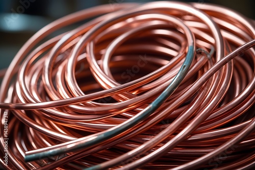Close-up view of shiny copper wires coiled in a bundle, showing texture and metallic surface for industrial, electrical, and construction applications
 photo