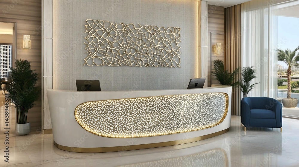 Modern reception desk in a luxurious hotel lobby. Elegant design with gold accents and a decorative pattern