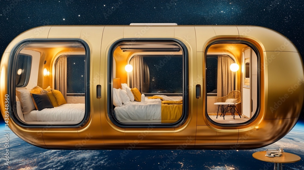 Futuristic golden capsule hotel room orbiting Earth, offering stunning views