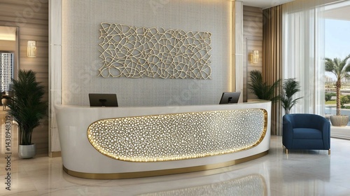 Obraz na płótnie Modern reception desk in a luxurious hotel lobby. Elegant design with gold accents and a decorative pattern w salonie