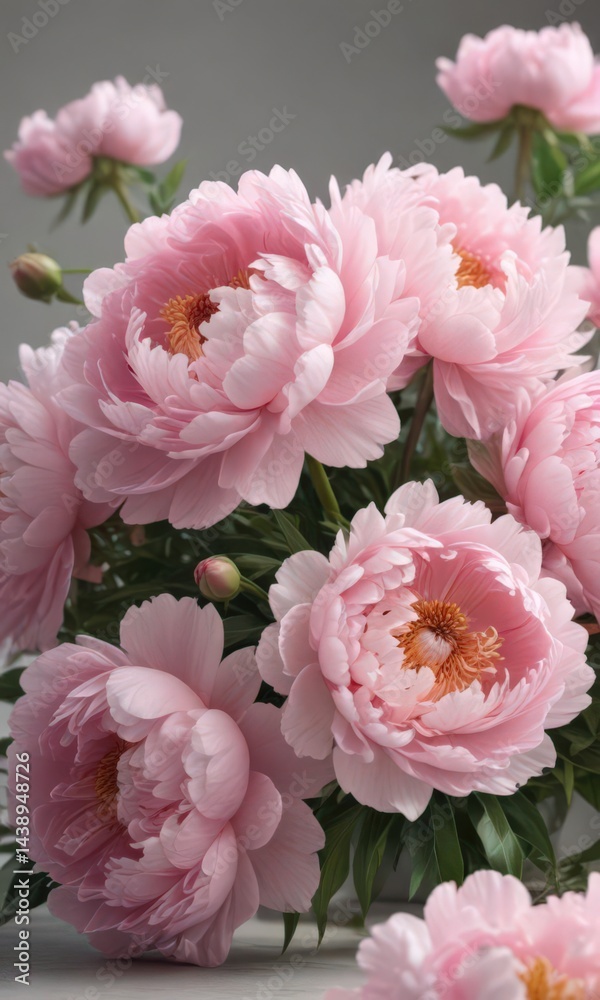Obraz premium Soft pink peony bouquet, lush blooms, gentle light, peony flowers, botany, spring