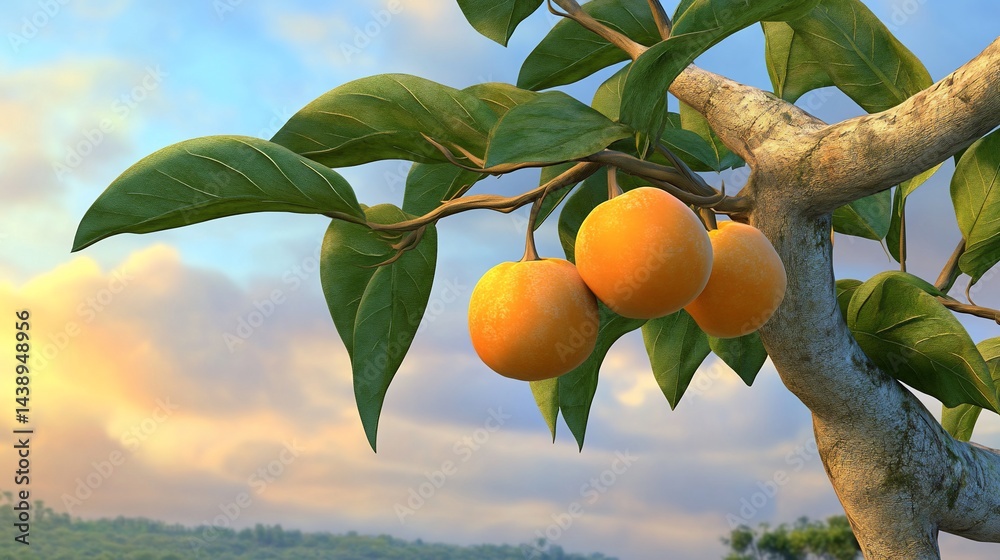 Three ripe oranges hang from a branch at sunset