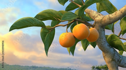 Obraz na płótnie Three ripe oranges hang from a branch at sunset w salonie