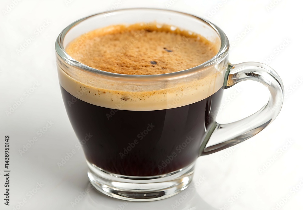 Obraz premium Rich and Aromatic Dark Coffee in a Clear Glass Mug with a Creamy Golden-Brown Crema Topping, Perfect for a Morning or Afternoon Pick-Me-Up