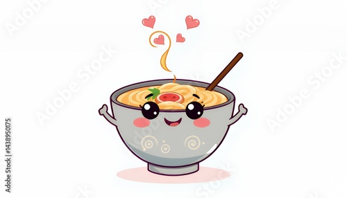 Charming Kawaii Noodle Bowl Illustration with Heart Steam and Adorable Smiling Face in Pixel Art Style against White Backdrop Perfect for Decoration and Digital Designs