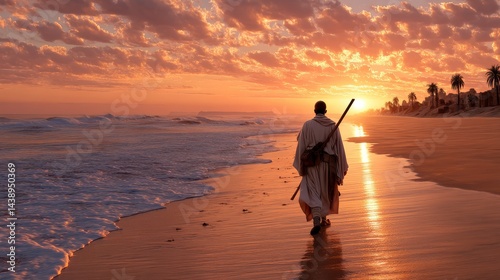 A pilgrim monk leading a spiritual journey through the desert of the dead. The staff symbolizes stability and grounding.