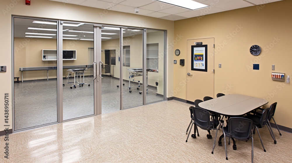 A room with a glass-walled lab and a small waiting area