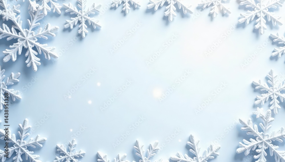 delicate snowflake border with intricate patterns on snowy white background, seasonal decor, frosty landscape, icy beauty