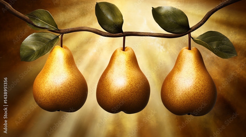 Three golden pears on a branch, bathed in sunlight
