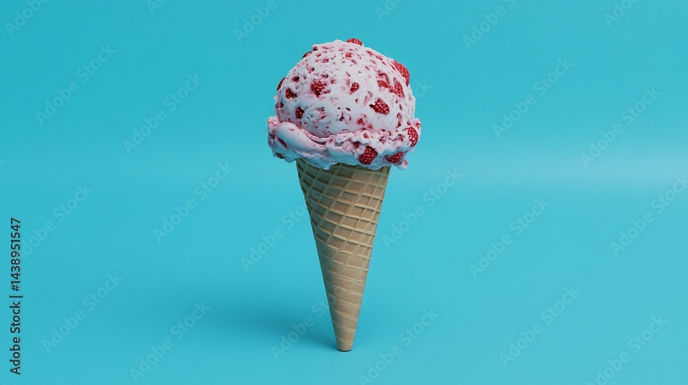 Single scoop of strawberry ice cream in a waffle cone against a light blue background