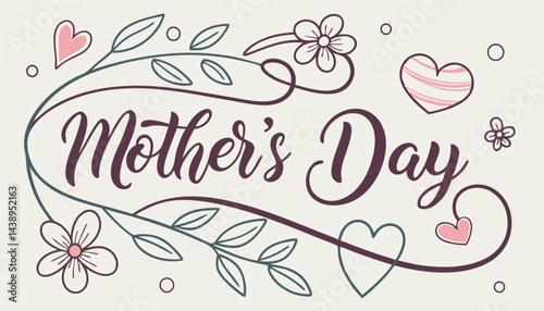 Happy Mother's Day, pink and pink flowers calligraphy poster. Chamomile flower decoration and vector love hearts for Mother's Day or special offer banner for sale shopping. Best Mother's greeting card