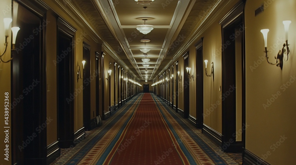 Long hotel corridor with ornate sconces and red carpet leads to distant doors