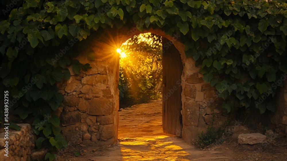Sunbeams through an archway. Sunlight filters through a stone archway, overgrown with vines, casting warm golden rays on a pathway