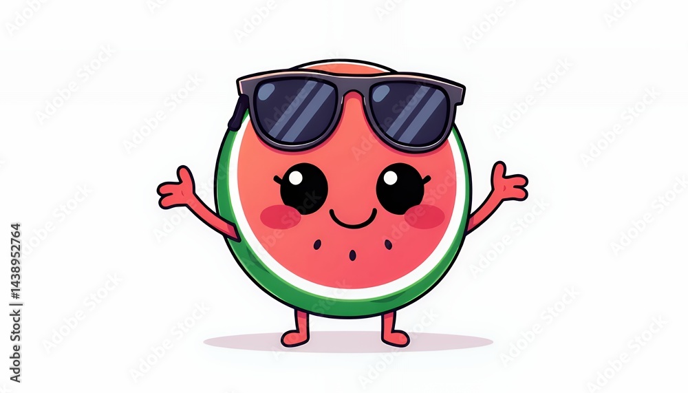 Fototapeta premium Kawaii Anthropomorphic Watermelon with Black Sunglasses Character Illustration With Cheerful Smile in Flat Style Design Isolated on White Background For Decoration