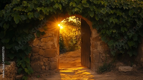 Obraz na płótnie Sunbeams through an archway. Sunlight filters through a stone archway, overgrown with vines, casting warm golden rays on a pathway w salonie