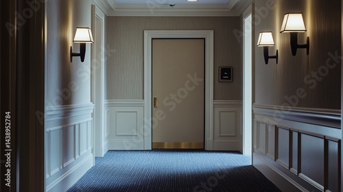 Hotel hallway, sophisticated and calm
