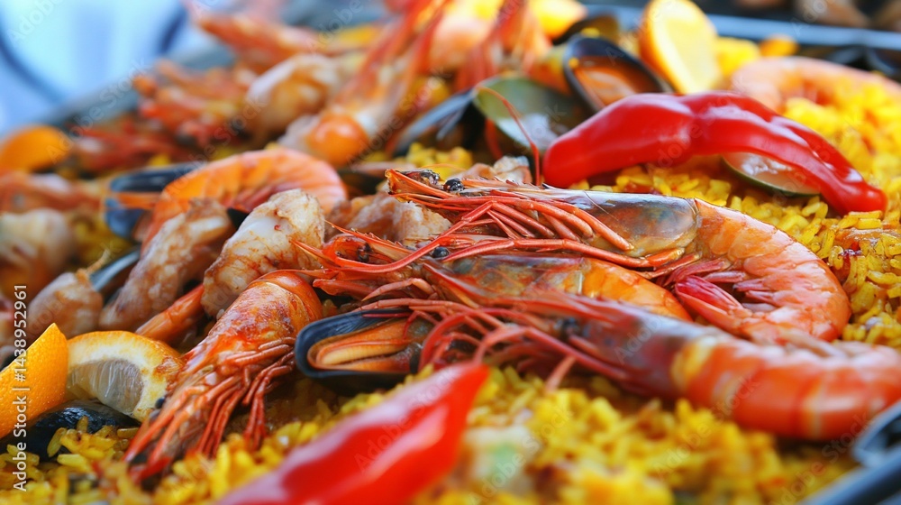 Colorful paella dish with seafood