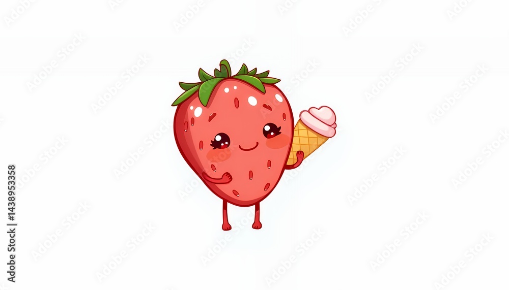 Fototapeta premium Kawaii Pixel Art Strawberry Character Holding Ice Cream Cone With Smiling Face and Rosy Cheeks on White Background for Decoration and Digital Design Elements