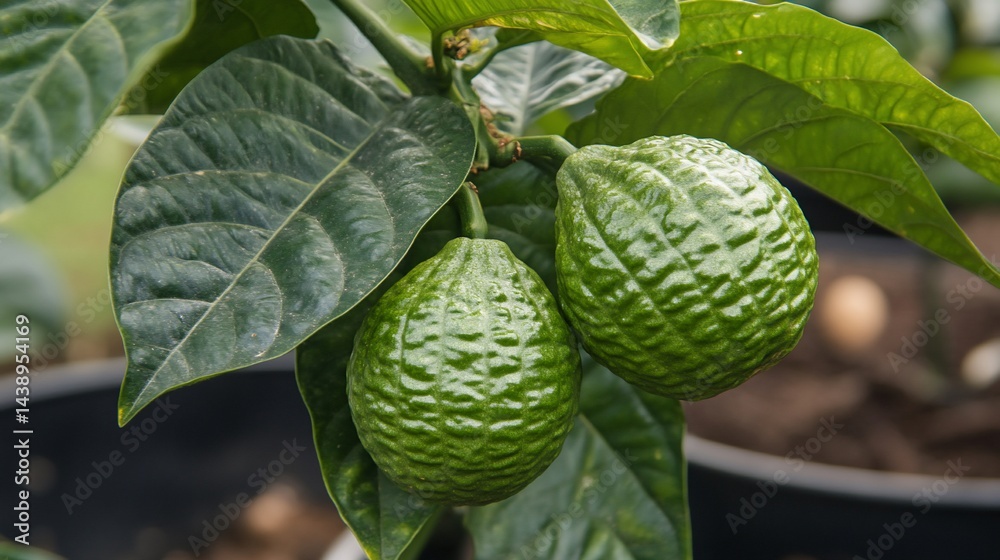 Two unripe green citrus fruits on a branch