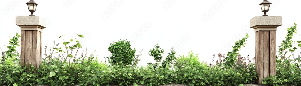 Lush green hedge with stone pillars and decorative lanterns, white isolate background. Lush green hedge with stone pillars and decorative lanterns, white isolate background.