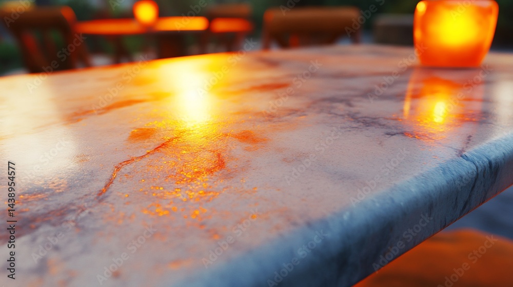 Marble tabletop with candles, warm glow and blurred chairs. Close up