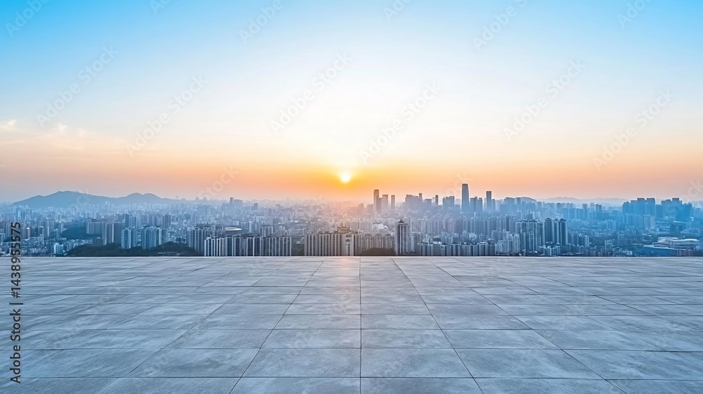 Urban sunrise panorama from a high vantage point. Empty plaza floor in foreground