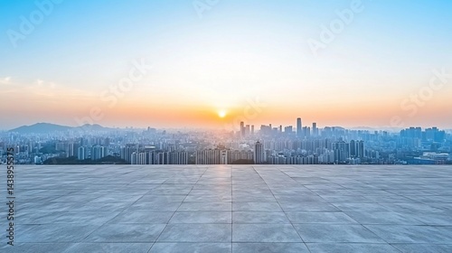 Obraz na płótnie Urban sunrise panorama from a high vantage point. Empty plaza floor in foreground w salonie