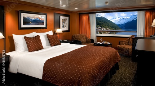 Luxurious cruise stateroom with mountain views