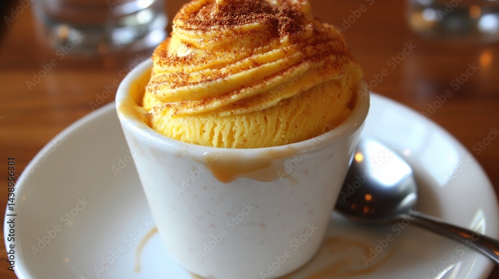 Golden dessert in a white cup with a spoon, on a saucer