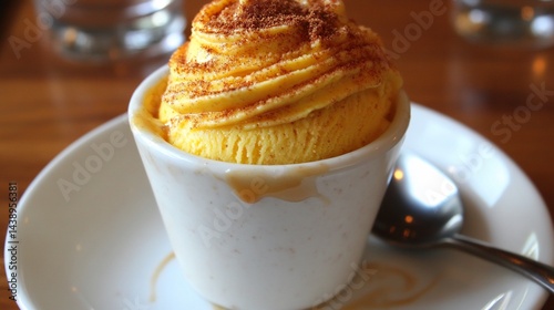 Obraz na płótnie Golden dessert in a white cup with a spoon, on a saucer w salonie
