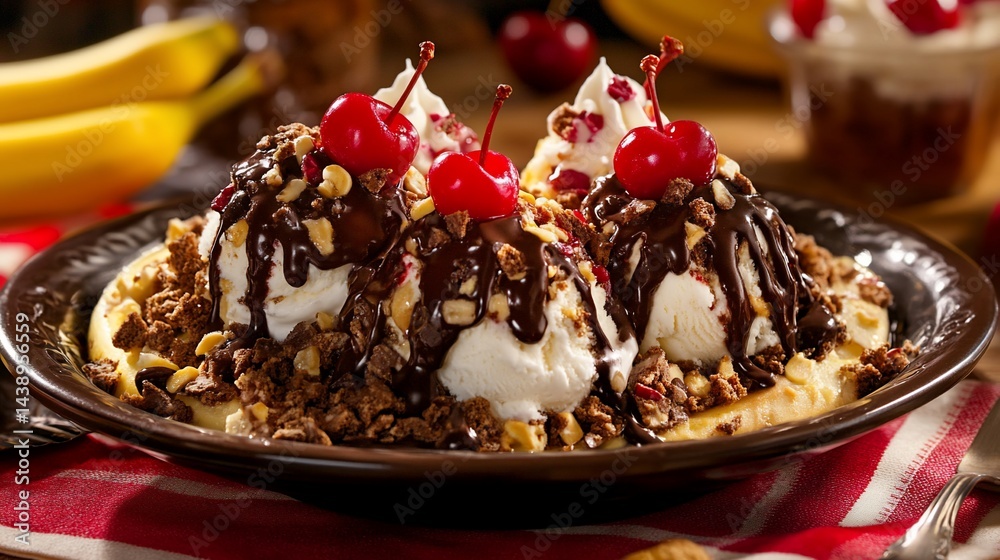Three scoops of ice cream topped with chocolate sauce, cherries, and nuts