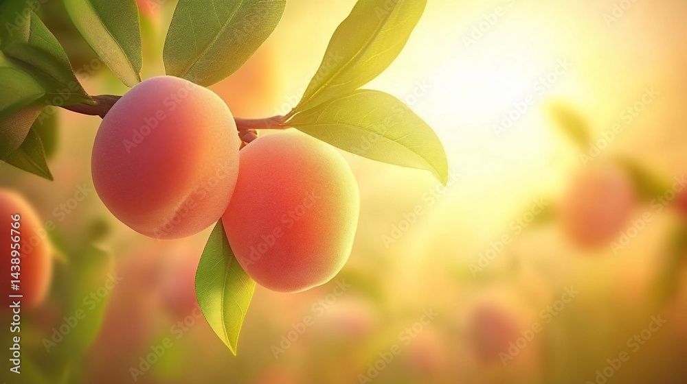 Ripe peaches on a branch at sunset